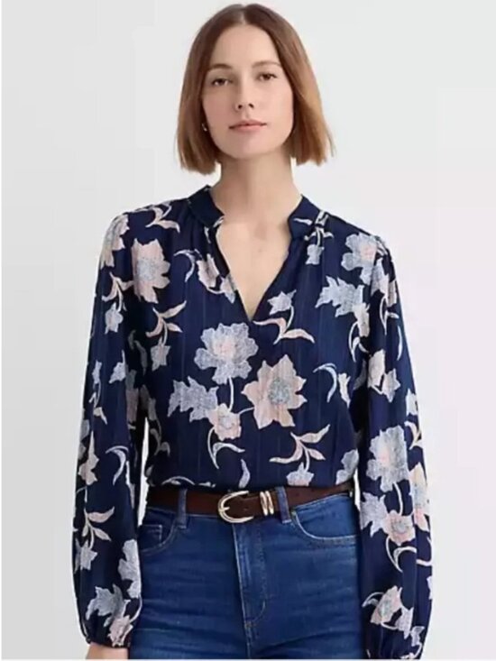 LOFT Tops - LOFT | Navy Blue Floral Split Neck Top